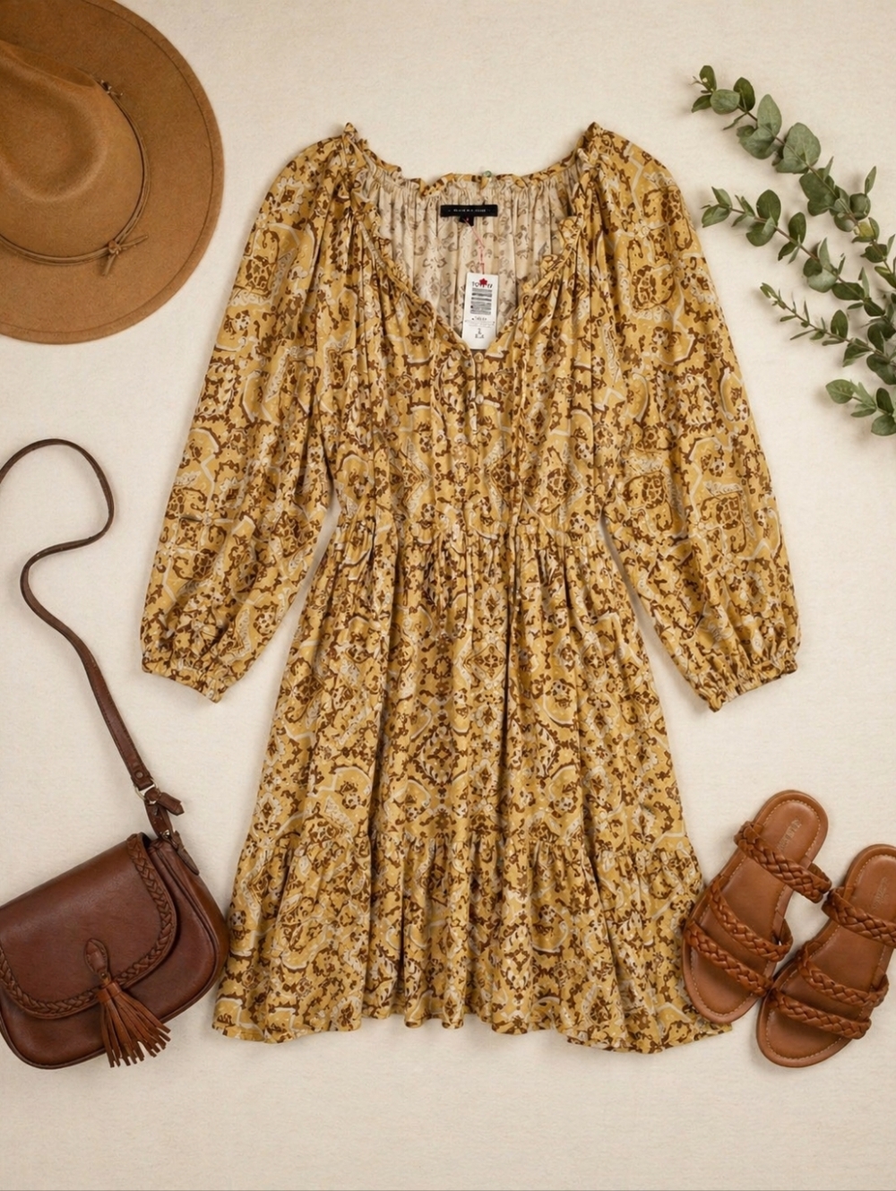 Torrid NWT Boho Yellow Paisley Tiered Midi Earthtones L Sleeve Dress. Ladies 2X